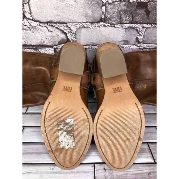 Frye Tan Brown Leather Harness Side Zipper Heel Boots Women Sz 6M US/37EU - Picture 9 of 15